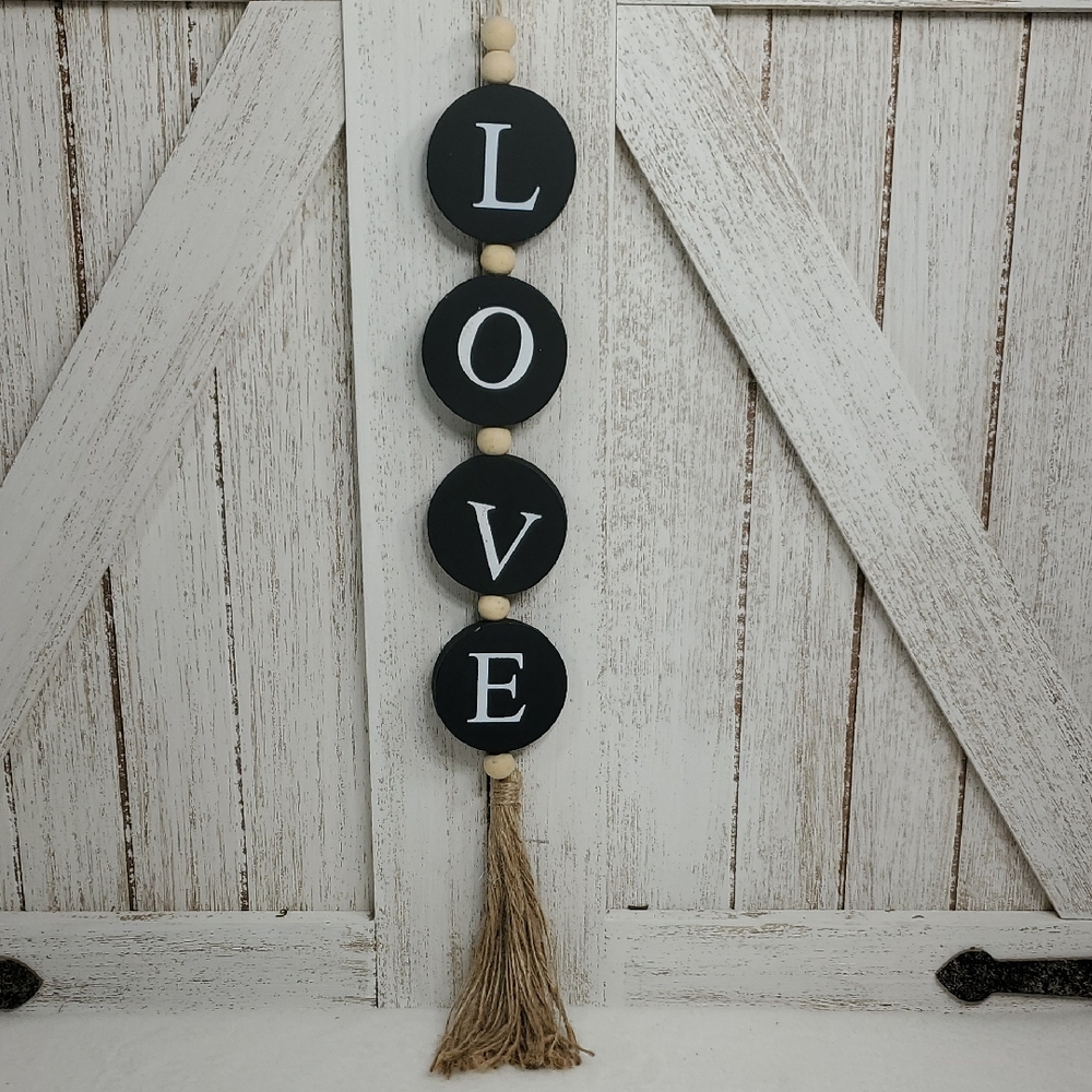 Wood LOVE Hanging Sign with Beads & Jute Tassel